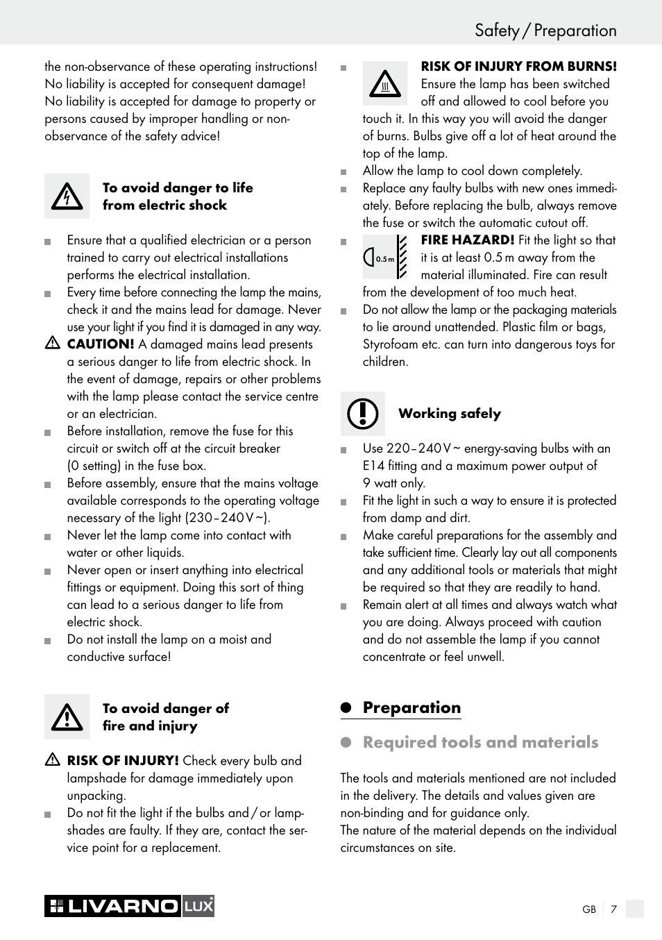 Safety / preparation, Preparation, Required tools and materials | Livarno 3940/052L User Manual | Page 7 / 57