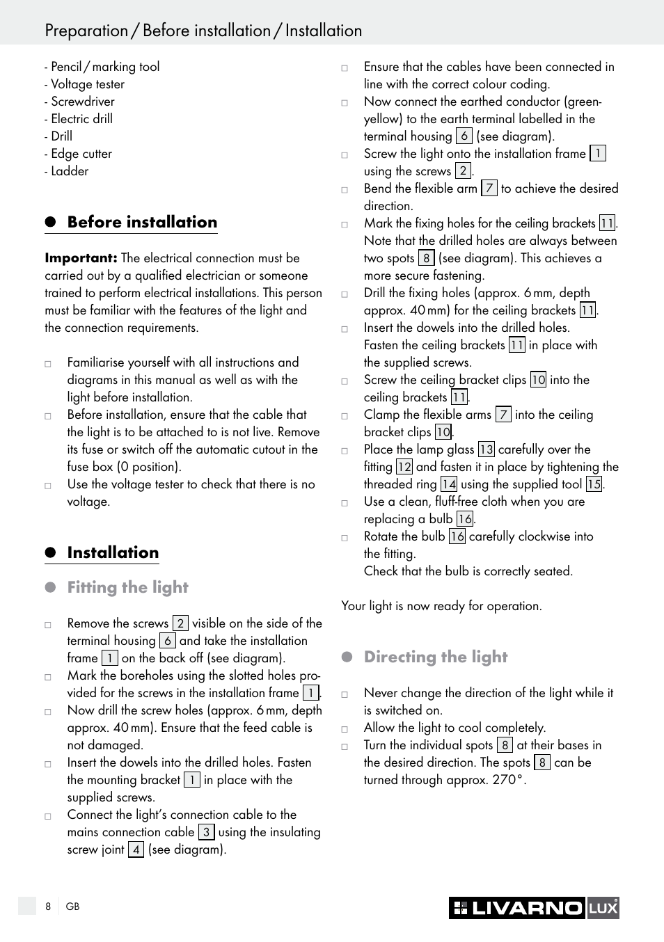 Preparation / before installation / installation, Before installation, Installation | Fitting the light, Directing the light | Livarno 3940/052L User Manual | Page 8 / 57