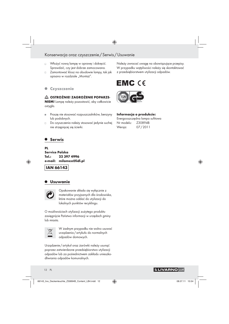 Konserwacja oraz czyszczenie / serwis / usuwanie | Livarno Z30894B User Manual | Page 10 / 42