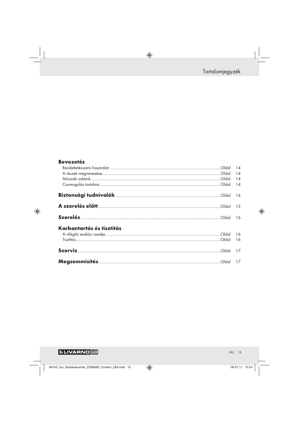 Tartalomjegyzék | Livarno Z30894B User Manual | Page 11 / 42