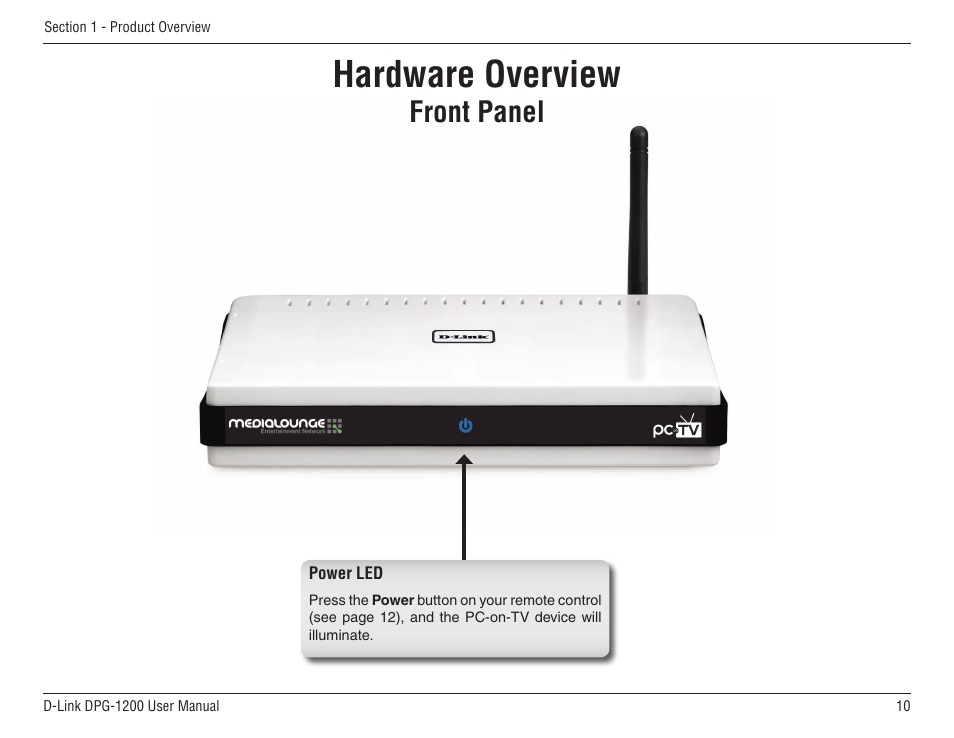Hardware overview, Front panel | D-Link DPG-1200 User Manual | Page 10 / 59