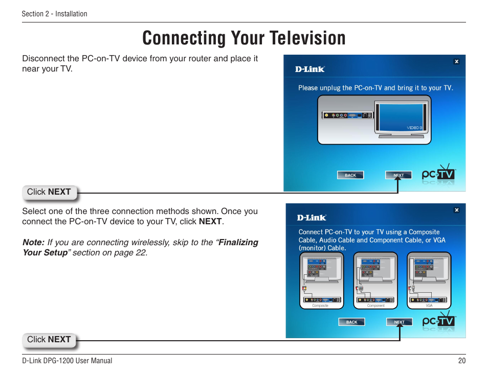 Connecting your television | D-Link DPG-1200 User Manual | Page 20 / 59