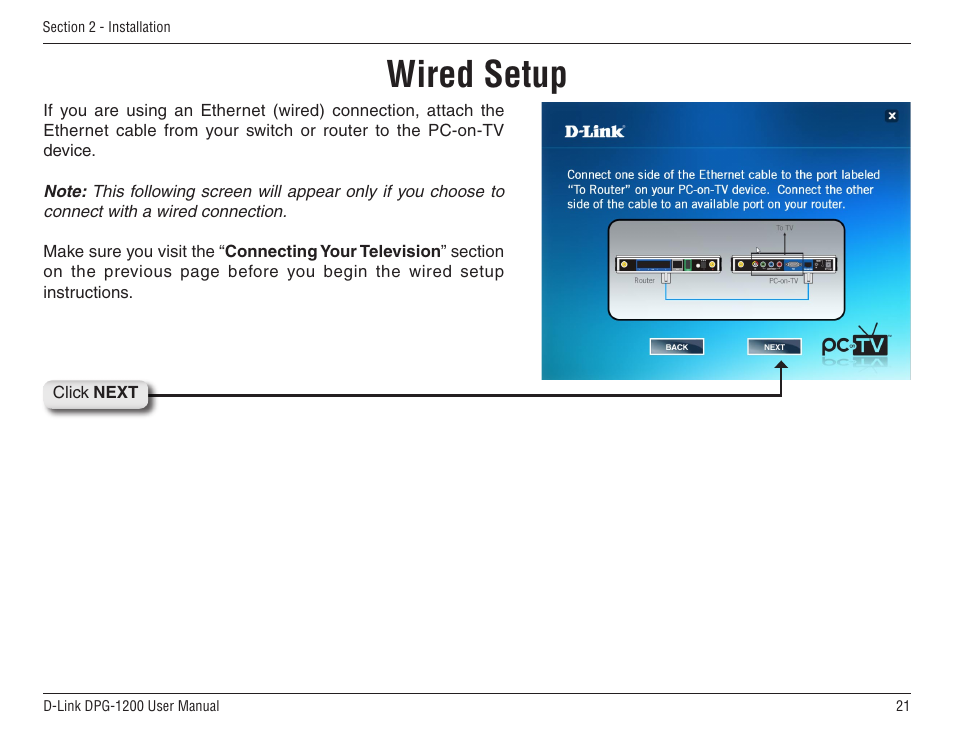 Wired setup | D-Link DPG-1200 User Manual | Page 21 / 59