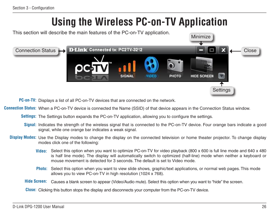 Using the wireless pc-on-tv application | D-Link DPG-1200 User Manual | Page 26 / 59