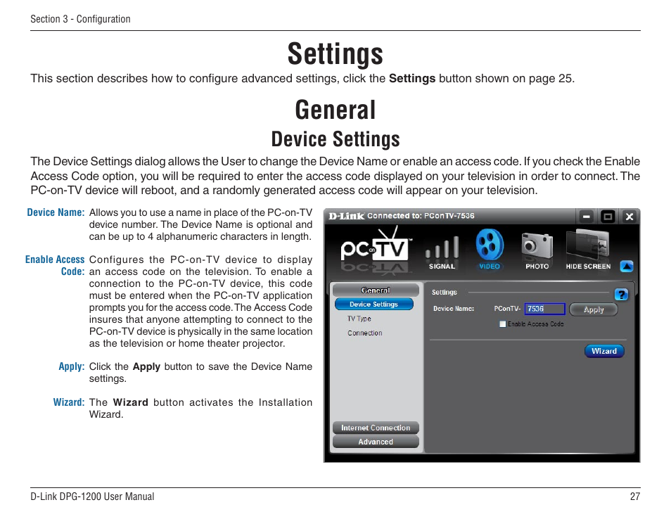 Settings, General, Device settings | D-Link DPG-1200 User Manual | Page 27 / 59