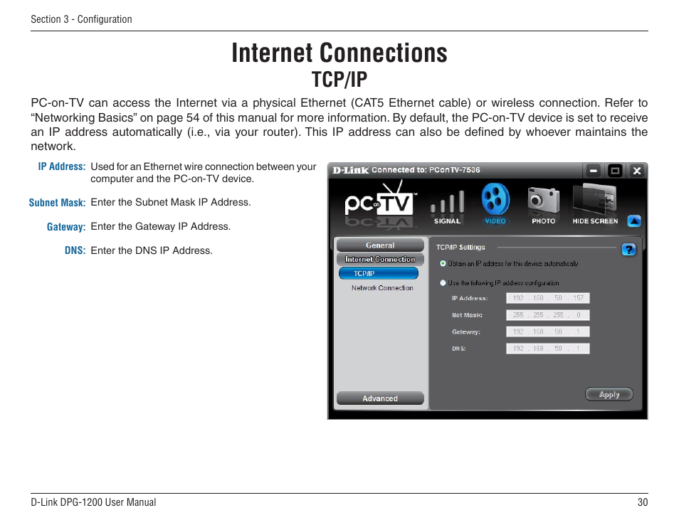 Internet connections, Tcp/ip | D-Link DPG-1200 User Manual | Page 30 / 59