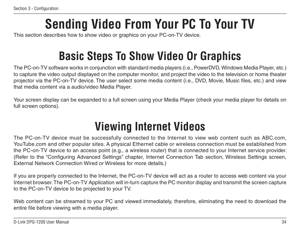 Sending video from your pc to your tv, Basic steps to show video or graphics, Viewing internet videos | D-Link DPG-1200 User Manual | Page 34 / 59