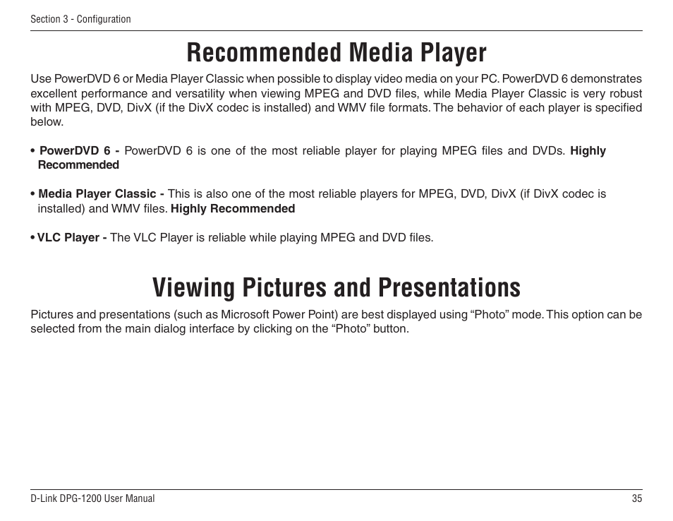 Recommended media player, Viewing pictures and presentations | D-Link DPG-1200 User Manual | Page 35 / 59