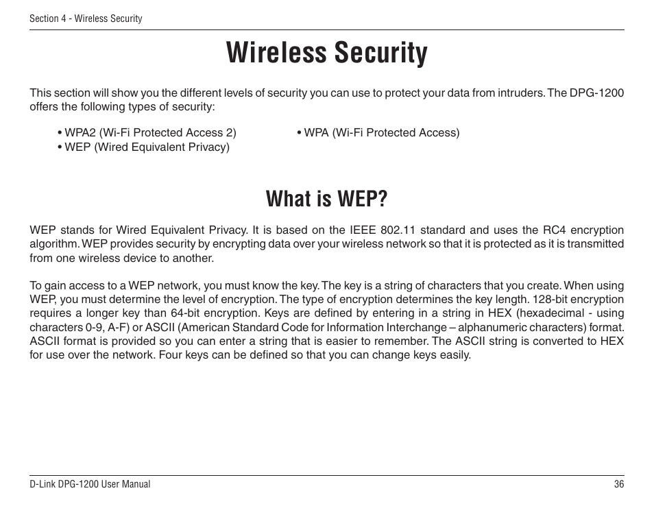 Wireless security, What is wep | D-Link DPG-1200 User Manual | Page 36 / 59