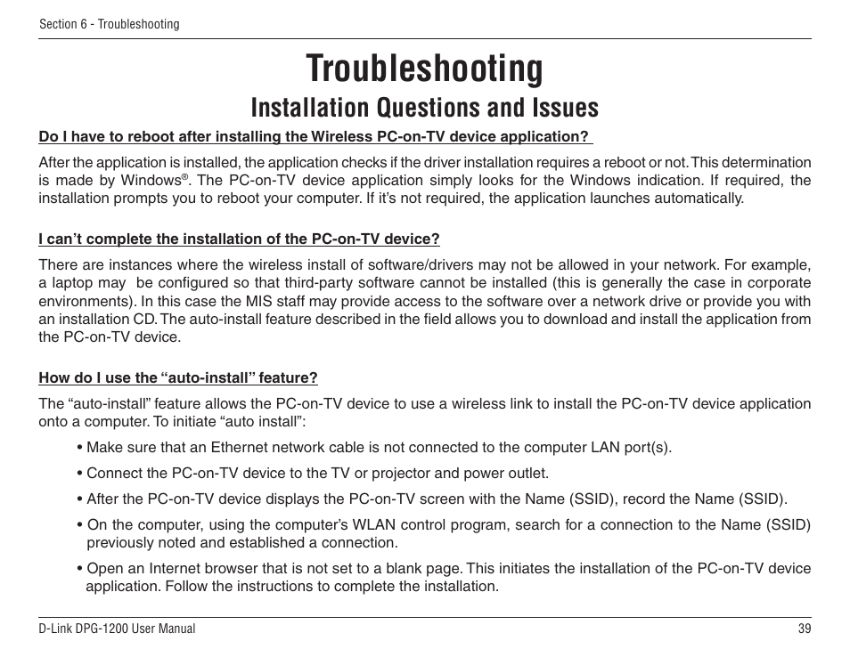 Troubleshooting, Installation questions and issues | D-Link DPG-1200 User Manual | Page 39 / 59
