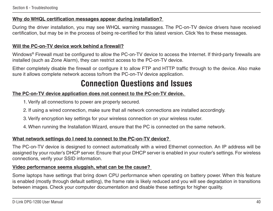 Connection questions and issues | D-Link DPG-1200 User Manual | Page 40 / 59