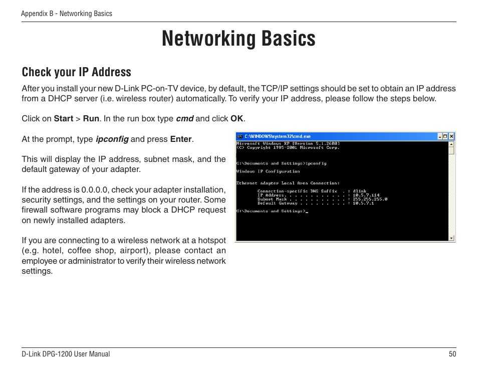 Networking basics, Check your ip address | D-Link DPG-1200 User Manual | Page 50 / 59