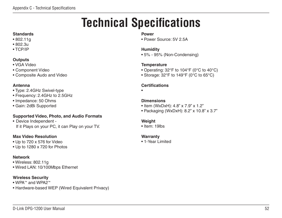 Technical specifications | D-Link DPG-1200 User Manual | Page 52 / 59