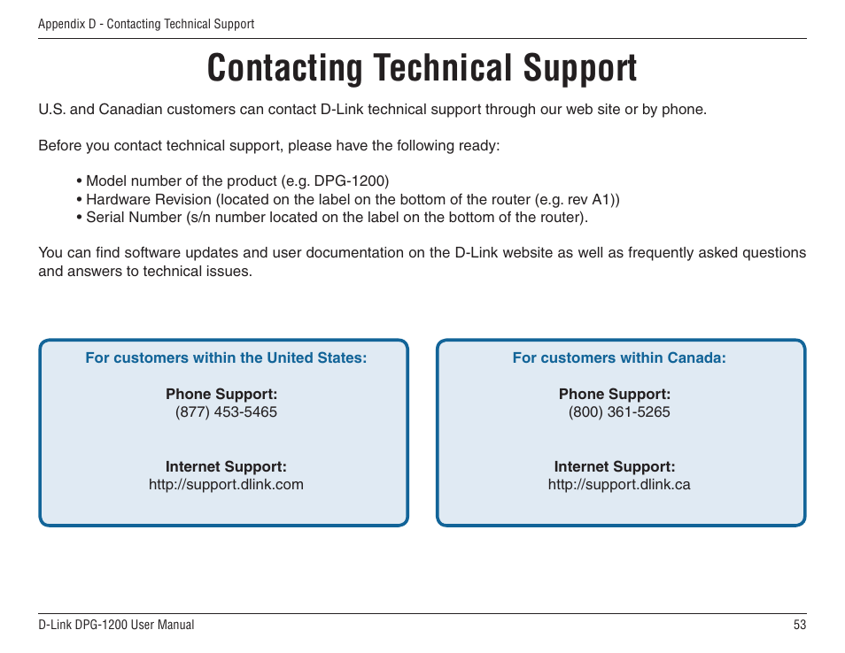 Contacting technical support | D-Link DPG-1200 User Manual | Page 53 / 59