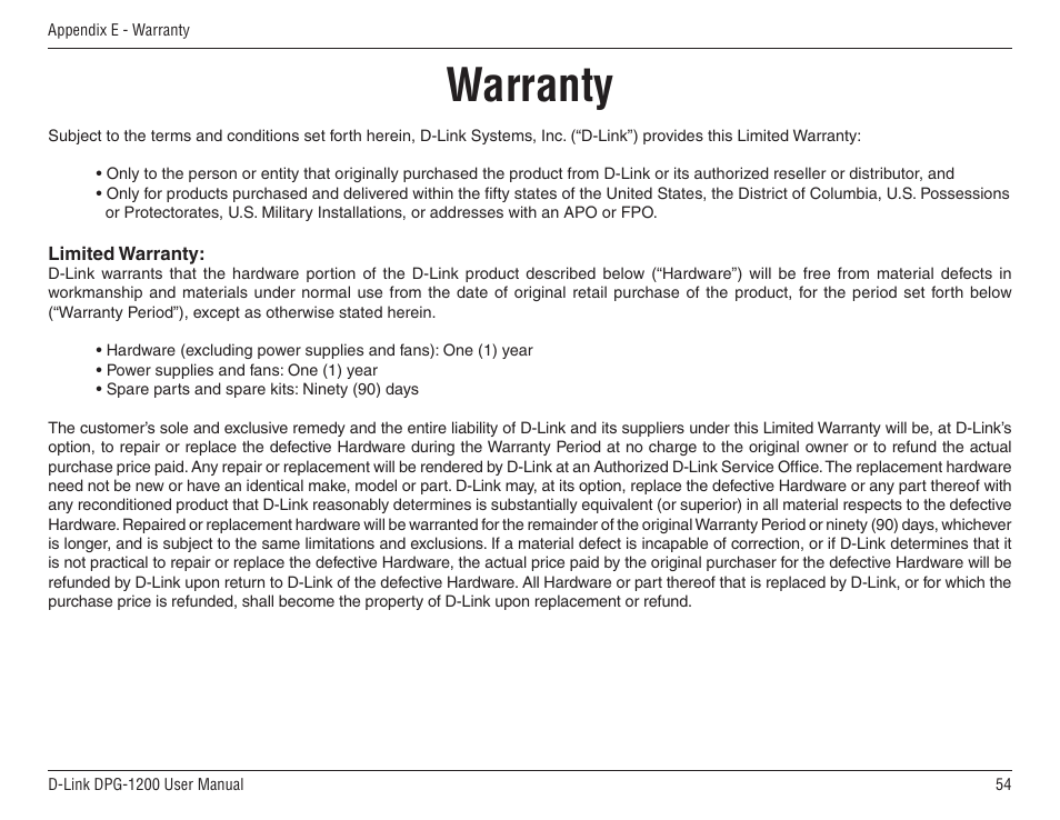 Warranty | D-Link DPG-1200 User Manual | Page 54 / 59