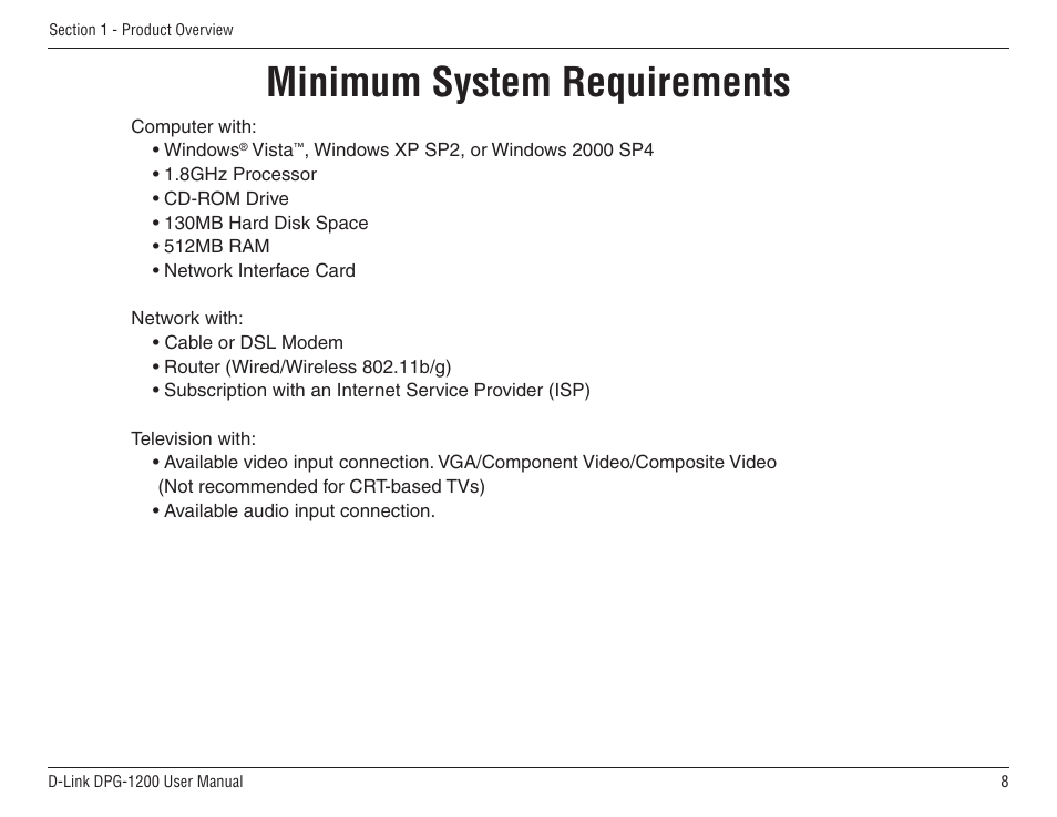 Minimum system requirements | D-Link DPG-1200 User Manual | Page 8 / 59