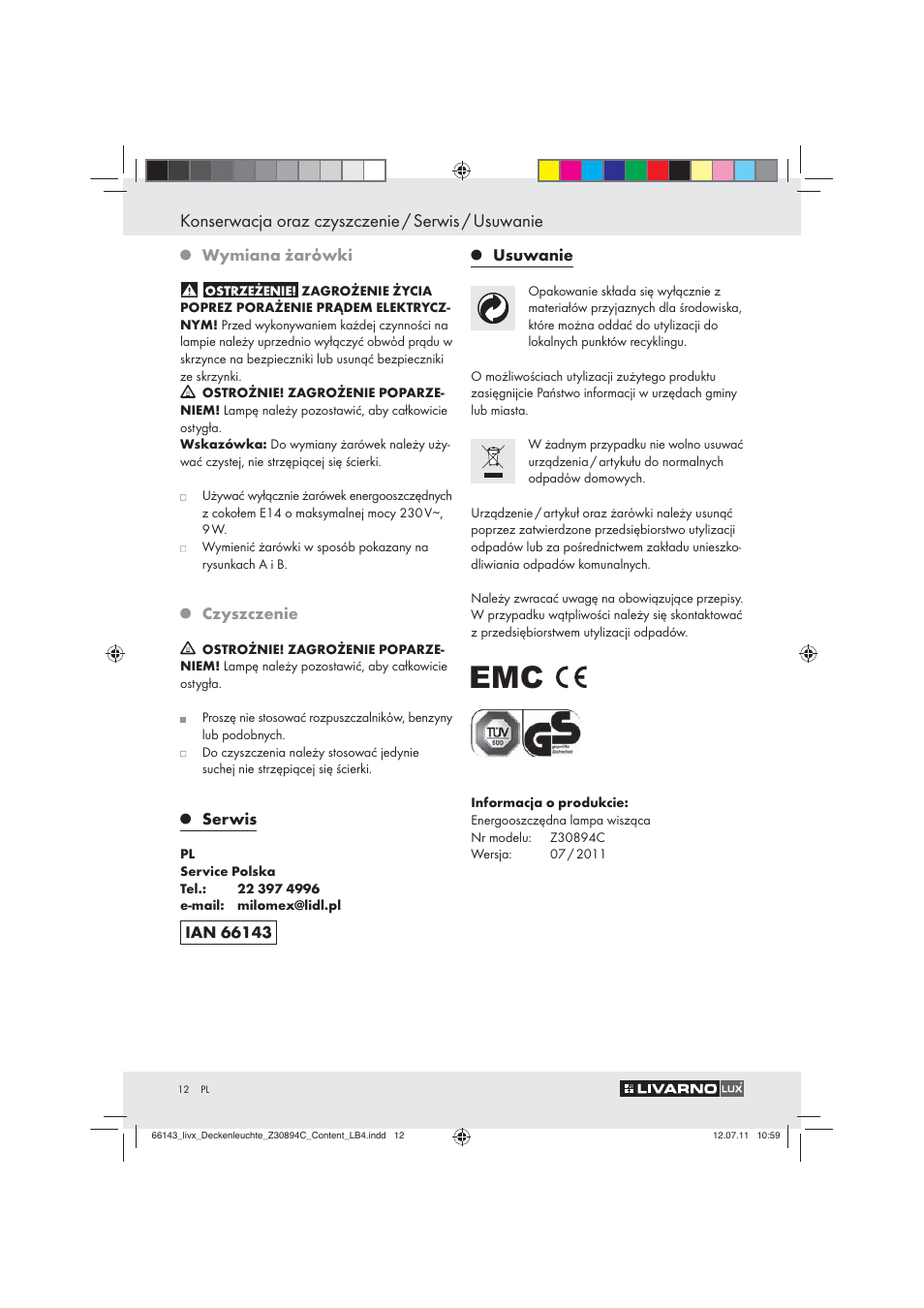 Konserwacja oraz czyszczenie / serwis / usuwanie | Livarno Z30894C User Manual | Page 10 / 44