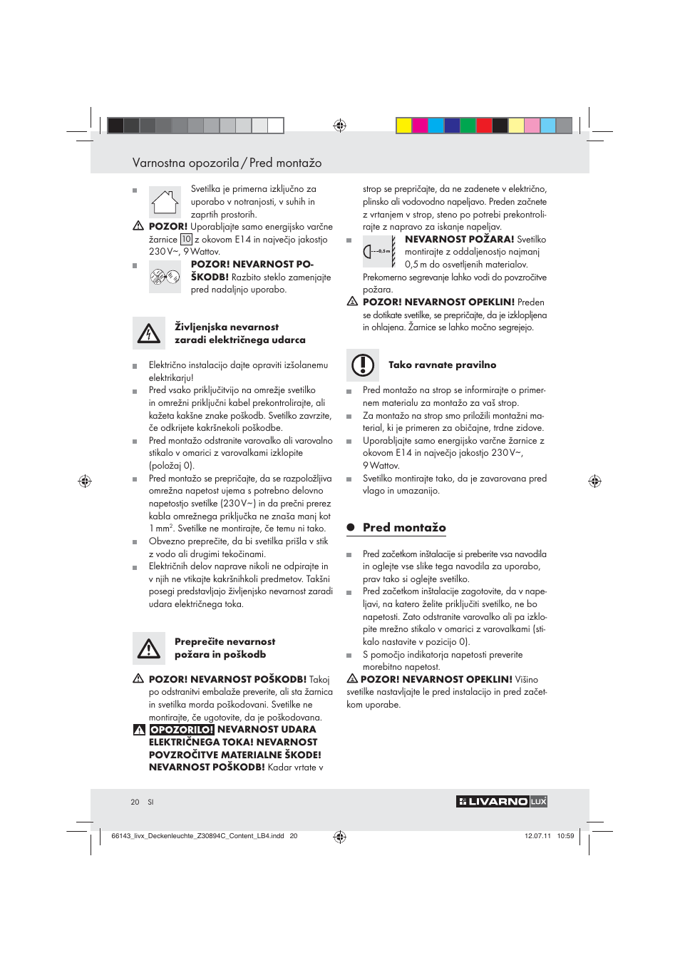 Varnostna opozorila / pred montažo, Pred montažo | Livarno Z30894C User Manual | Page 18 / 44