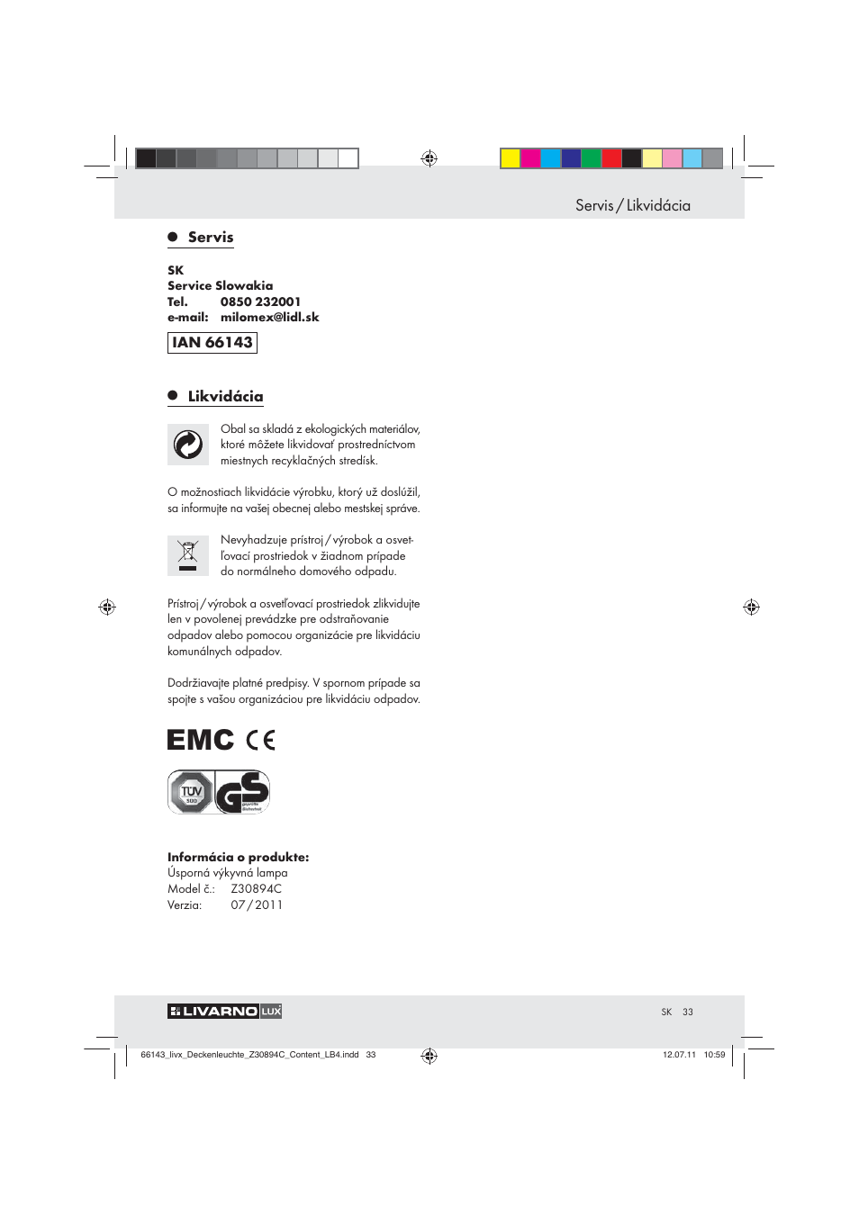 Servis / likvidácia | Livarno Z30894C User Manual | Page 31 / 44