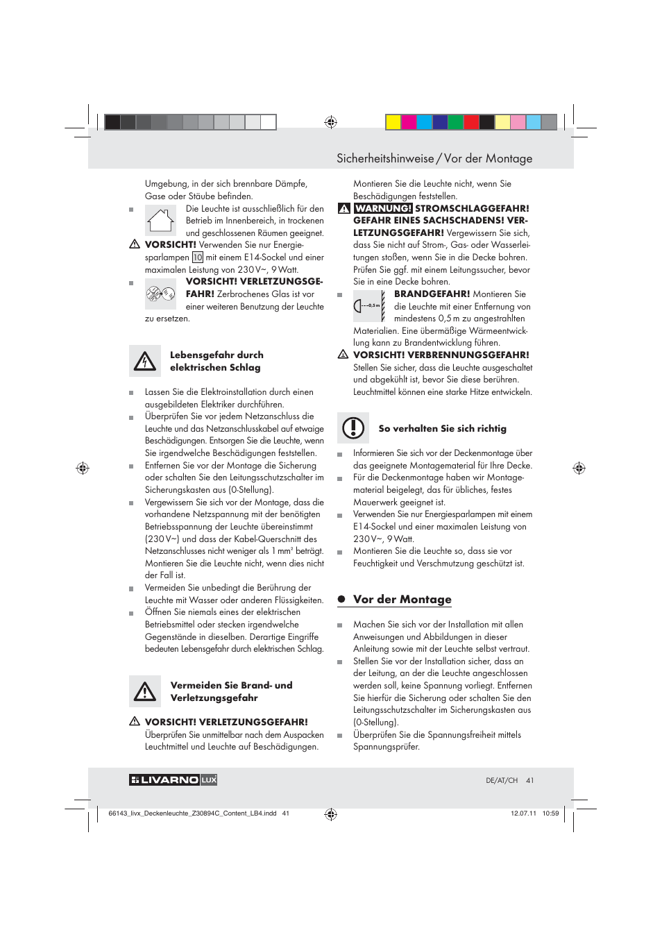 Sicherheitshinweise / vor der montage, Vor der montage | Livarno Z30894C User Manual | Page 39 / 44