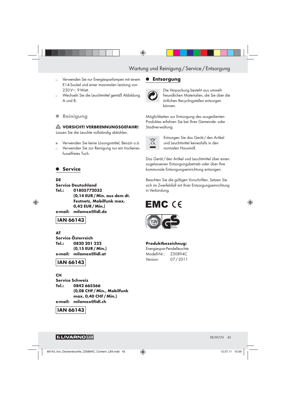 Wartung und reinigung / service / entsorgung | Livarno Z30894C User Manual | Page 41 / 44