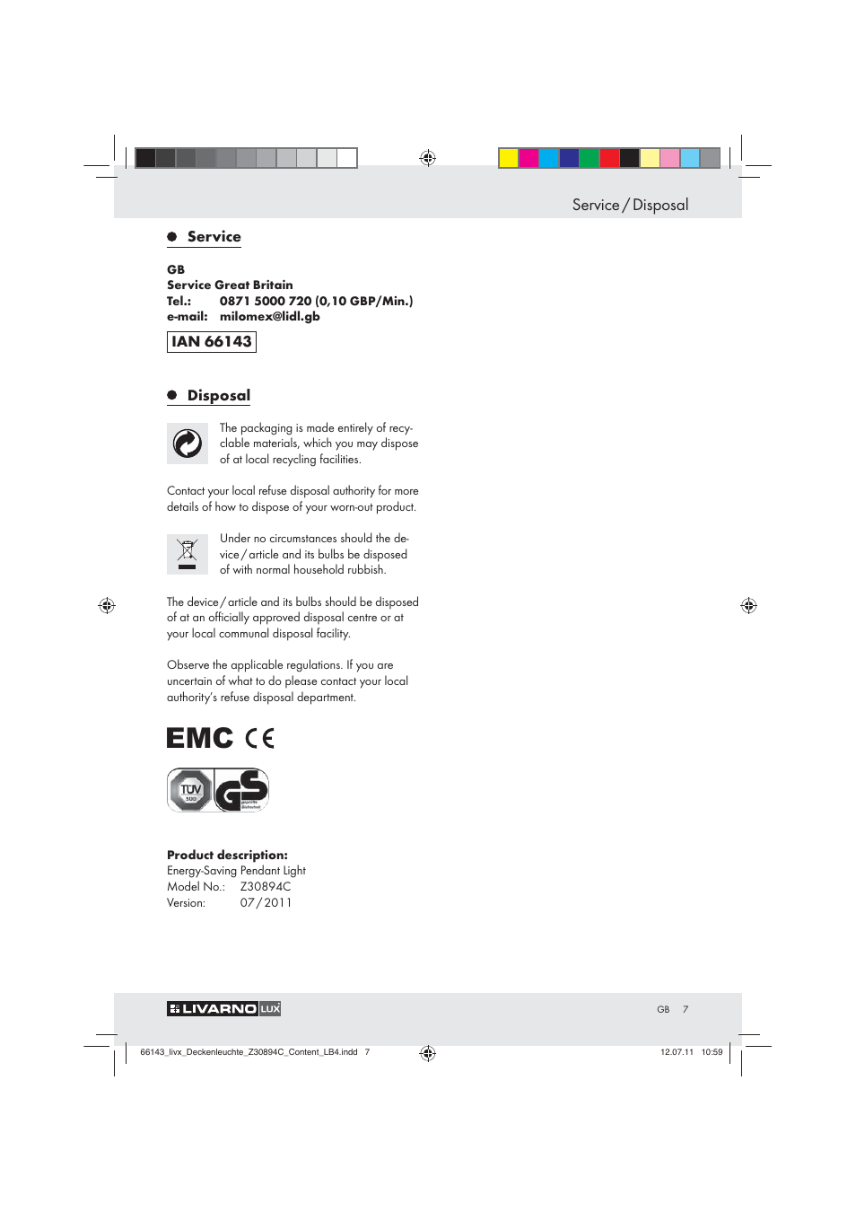 Service / disposal | Livarno Z30894C User Manual | Page 5 / 44