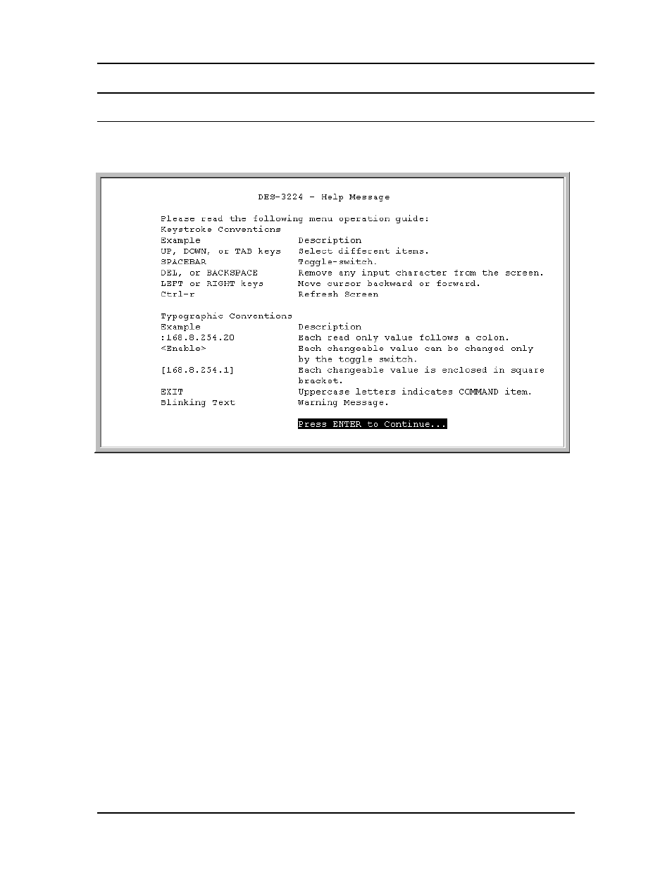 Help message | D-Link DES-3224 User Manual | Page 28 / 75
