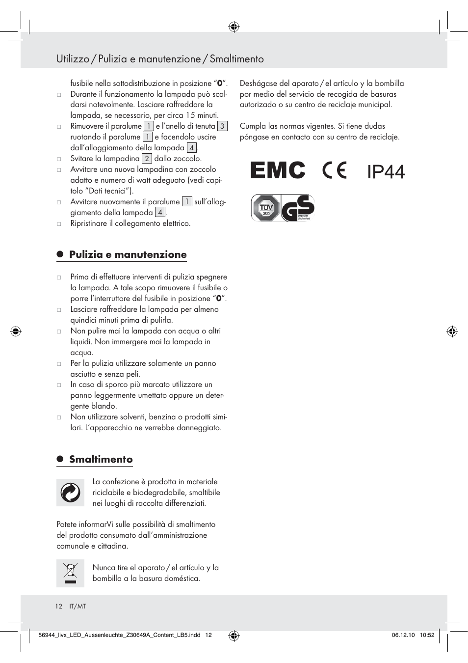 Utilizzo / pulizia e manutenzione / smaltimento, Pulizia e manutenzione, Smaltimento | Livarno Wall Light User Manual | Page 10 / 28