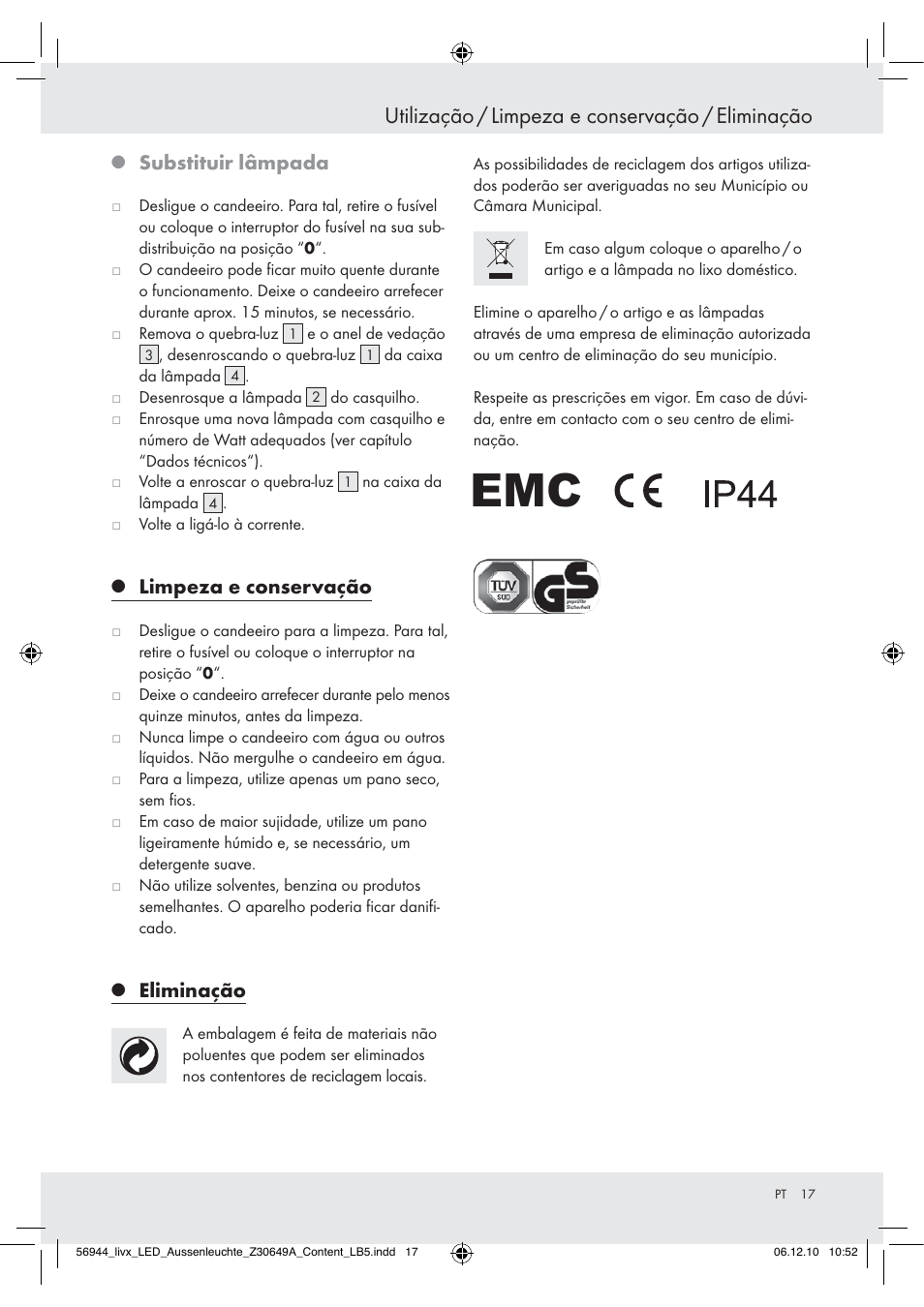 Utilização / limpeza e conservação / eliminação, Substituir lâmpada, Limpeza e conservação | Eliminação | Livarno Wall Light User Manual | Page 15 / 28