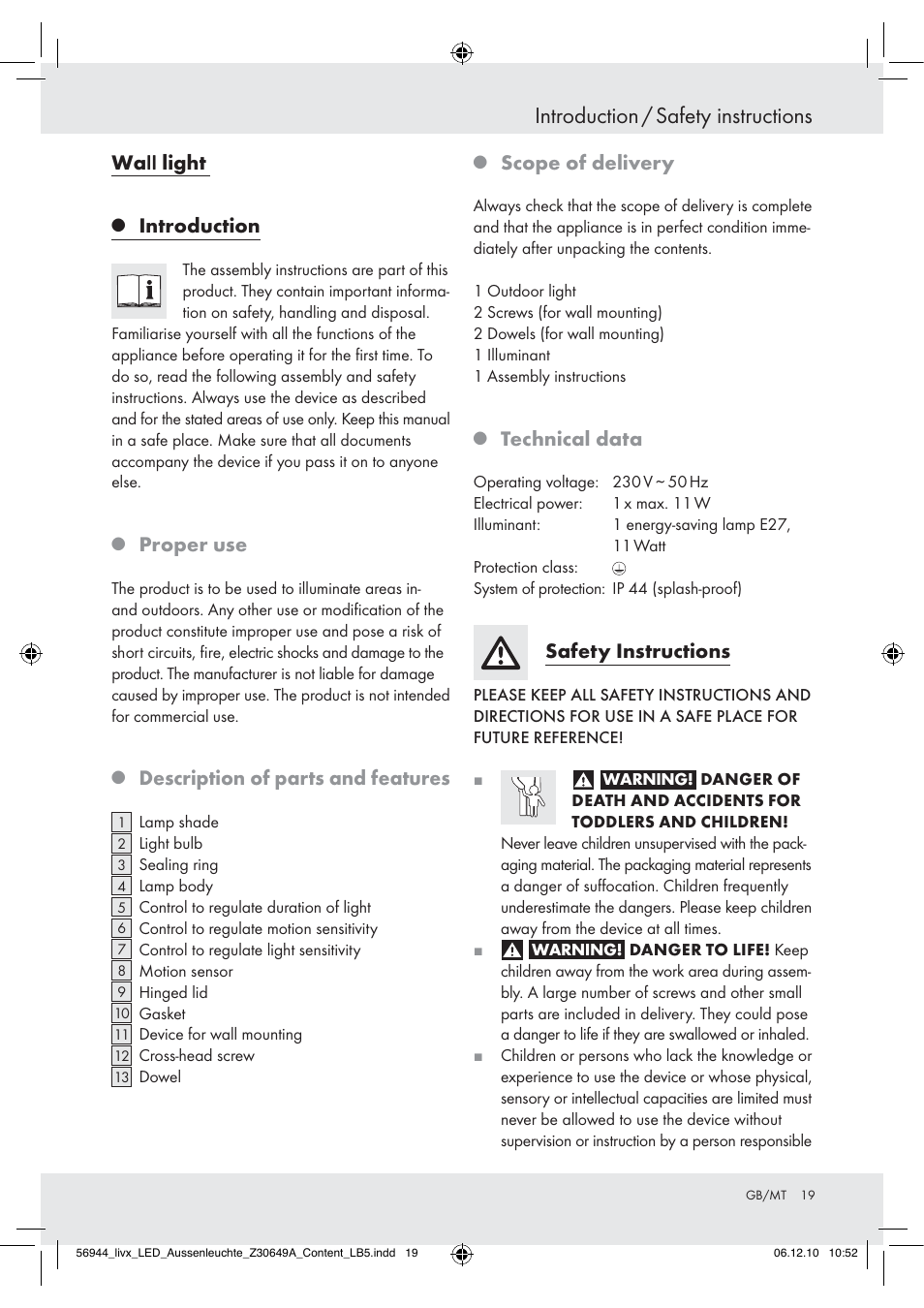 Introduction / safety instructions, Ůů light, Introduction | Proper use, Description of parts and features, Scope of delivery, Technical data, Safety instructions | Livarno Wall Light User Manual | Page 17 / 28