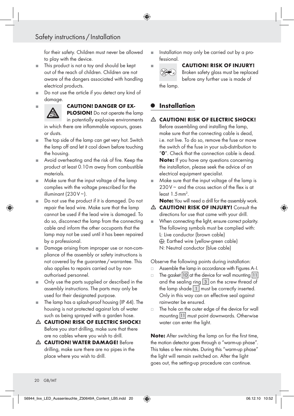 Safety instructions / installation, Installation | Livarno Wall Light User Manual | Page 18 / 28