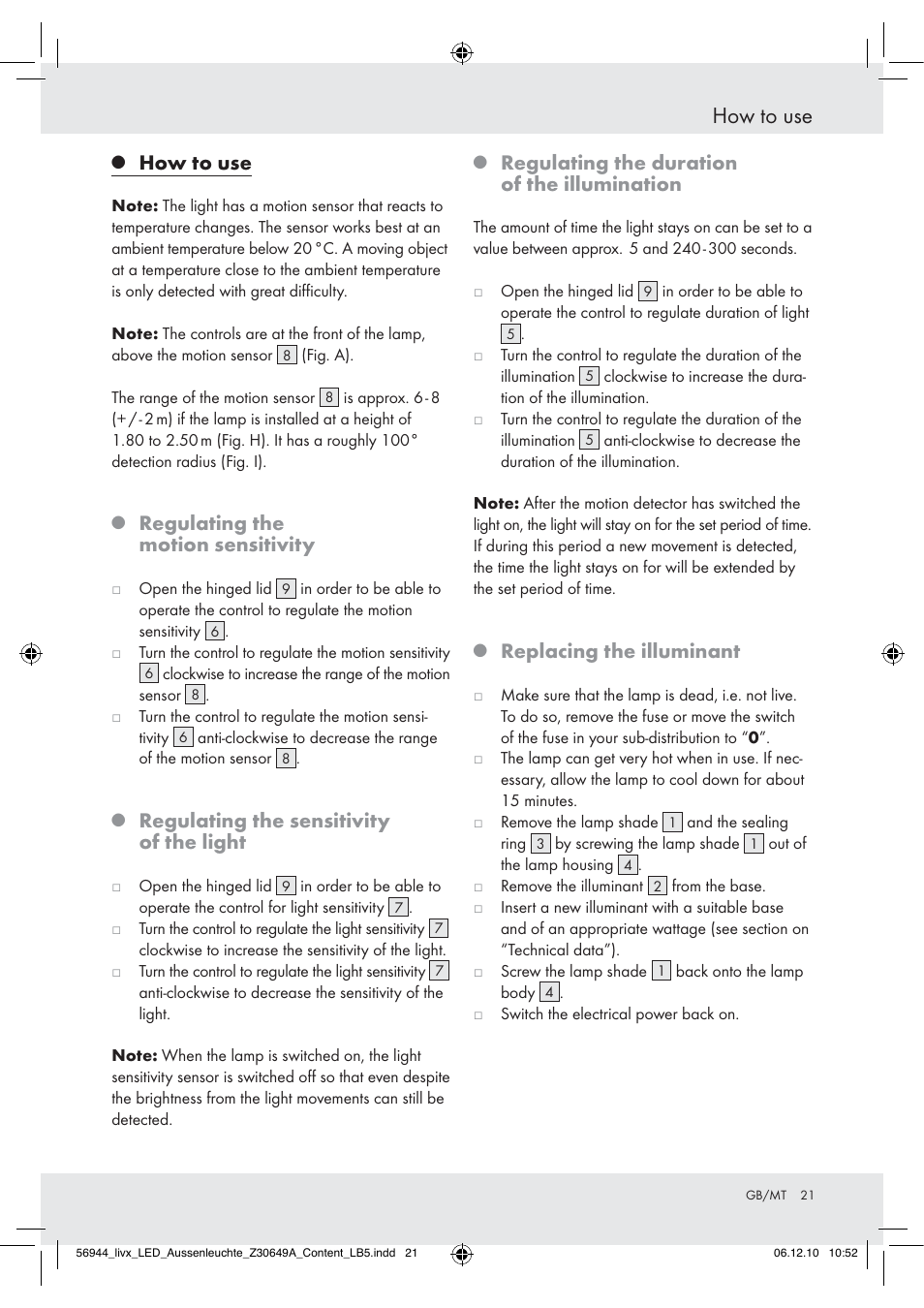 How to use, Regulating the motion sensitivity, Regulating the sensitivity of the light | Regulating the duration of the illumination, Replacing the illuminant | Livarno Wall Light User Manual | Page 19 / 28