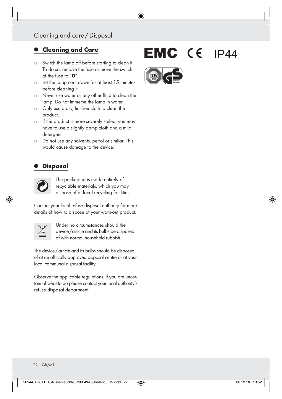 Cleaning and care / disposal | Livarno Wall Light User Manual | Page 20 / 28