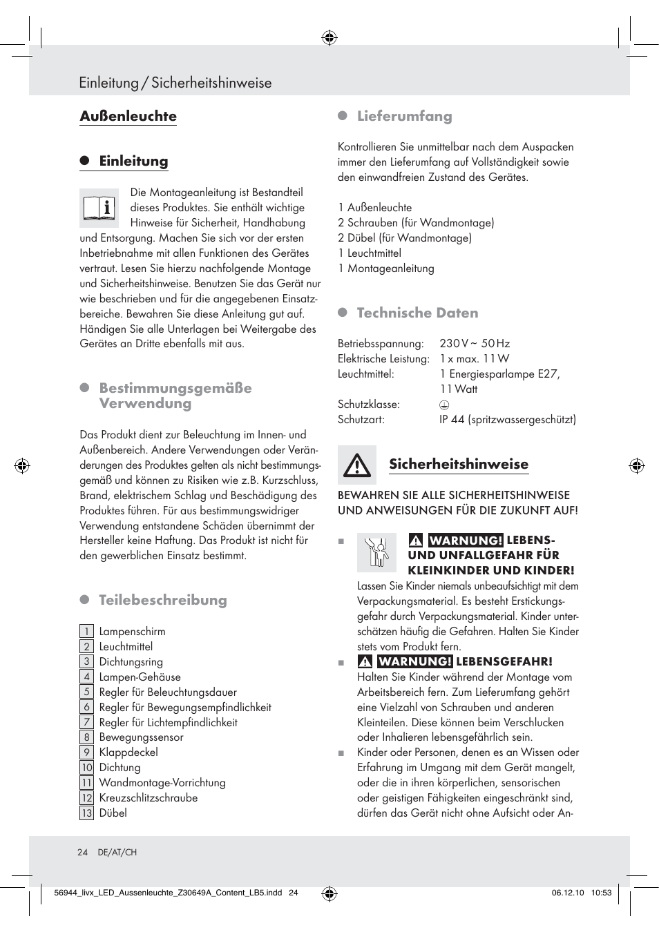 Einleitung / sicherheitshinweise, Außenleuchte, Einleitung | Bestimmungsgemäße verwendung, Teilebeschreibung, Lieferumfang, Technische daten, Sicherheitshinweise | Livarno Wall Light User Manual | Page 22 / 28