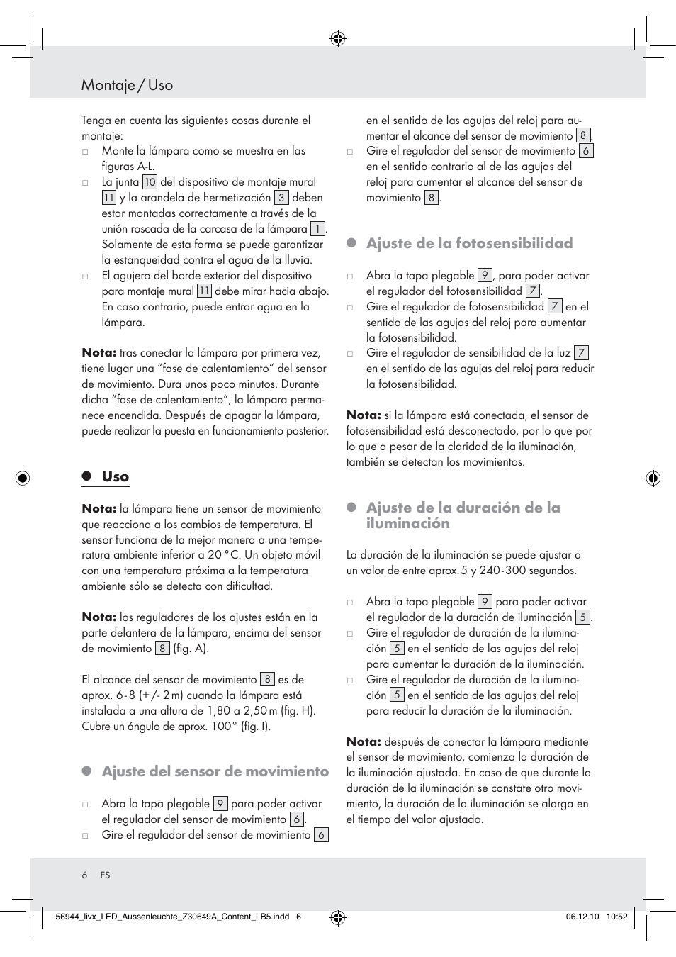 Montaje / uso, Ajuste del sensor de movimiento, Ajuste de la fotosensibilidad | Ajuste de la duración de la iluminación | Livarno Wall Light User Manual | Page 4 / 28