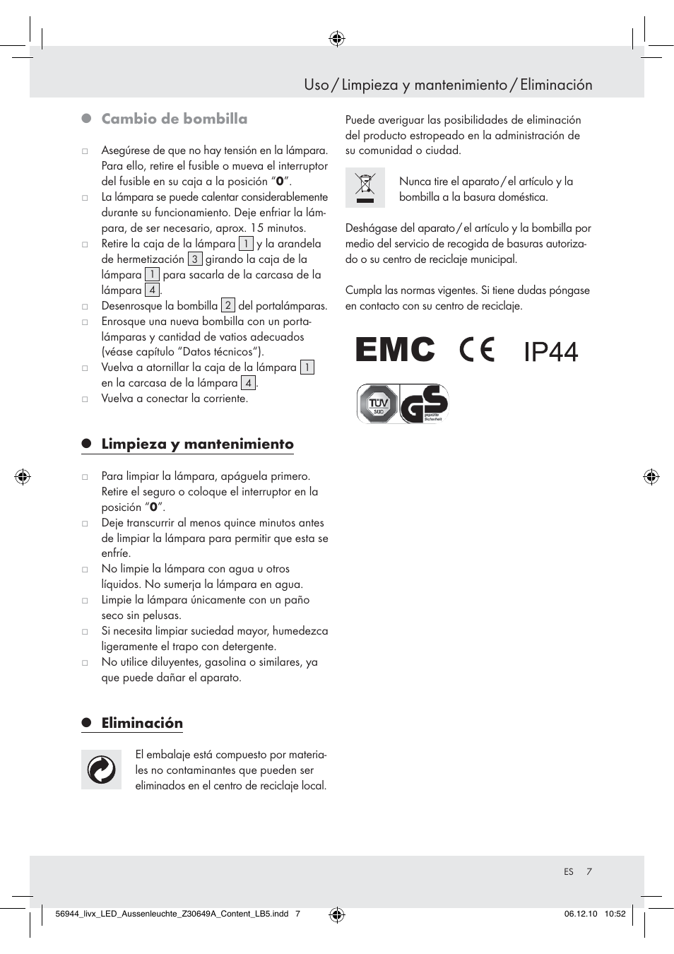 Uso / limpieza y mantenimiento / eliminación, Cambio de bombilla, Limpieza y mantenimiento | Eliminación | Livarno Wall Light User Manual | Page 5 / 28