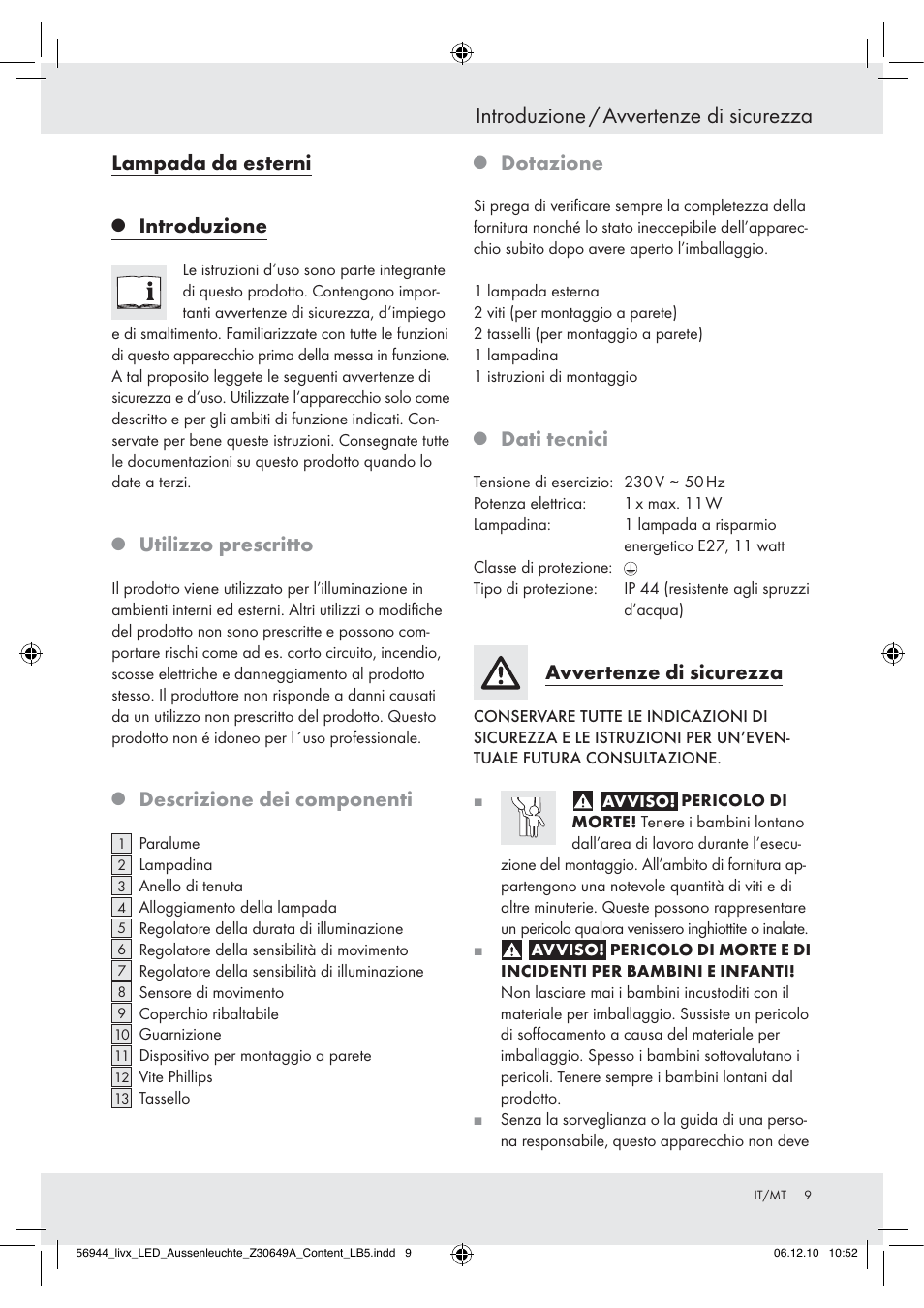 Introduzione / avvertenze di sicurezza, Lampada da esterni, Introduzione | Utilizzo prescritto, Descrizione dei componenti, Dotazione, Dati tecnici, Avvertenze di sicurezza | Livarno Wall Light User Manual | Page 7 / 28