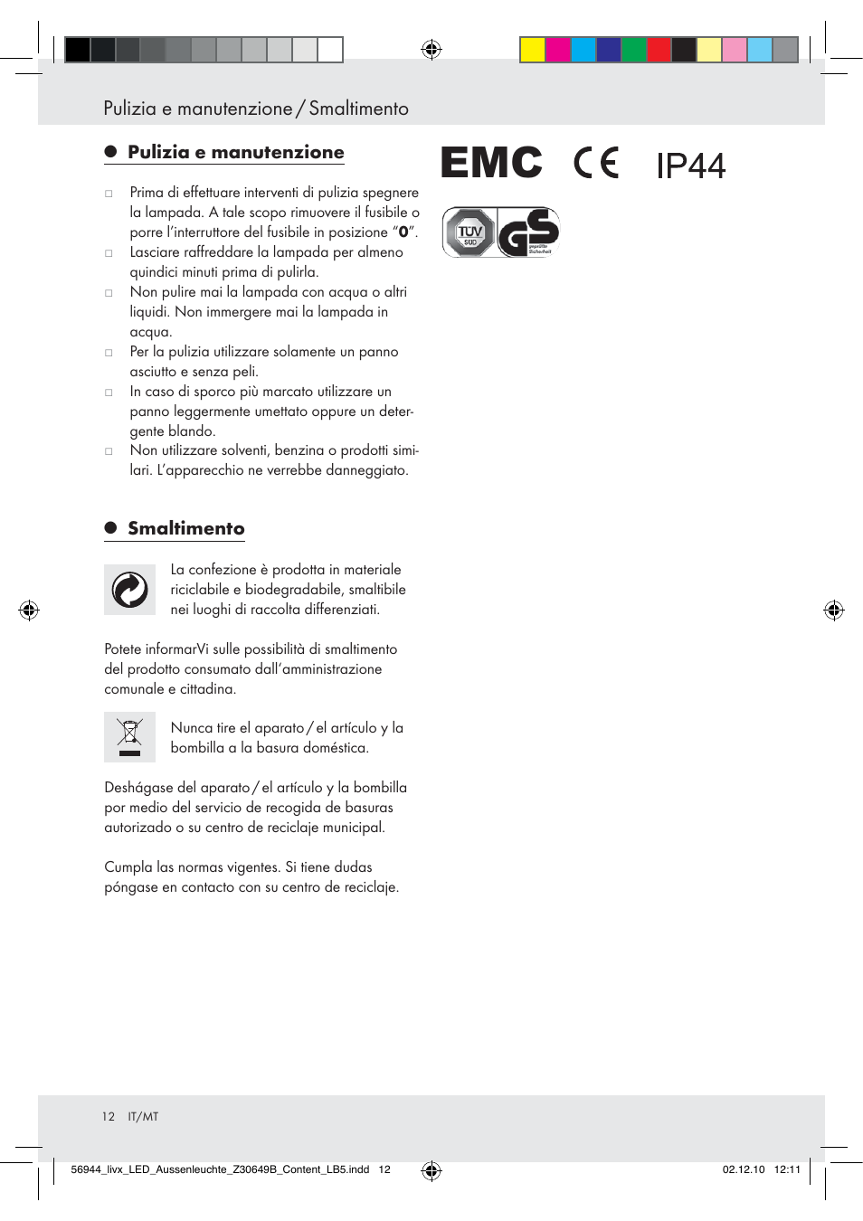 Pulizia e manutenzione / smaltimento | Livarno Wall Light User Manual | Page 10 / 28