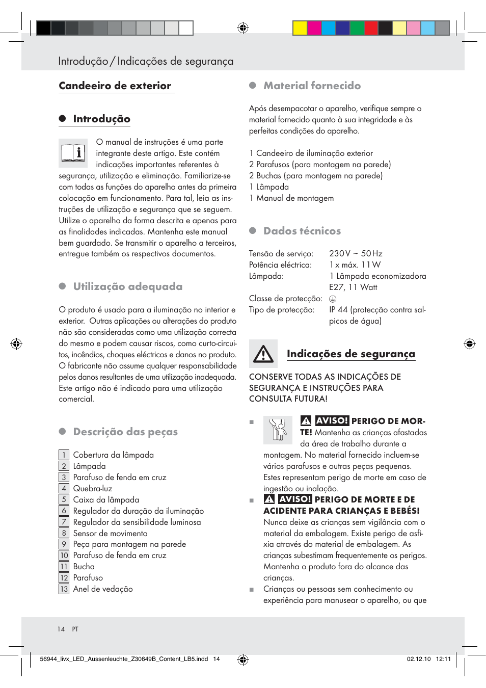 Introdução / indicações de segurança, Candeeiro de exterior, Introdução | Utilização adequada, Descrição das peças, Material fornecido, Dados técnicos, Indicações de segurança | Livarno Wall Light User Manual | Page 12 / 28