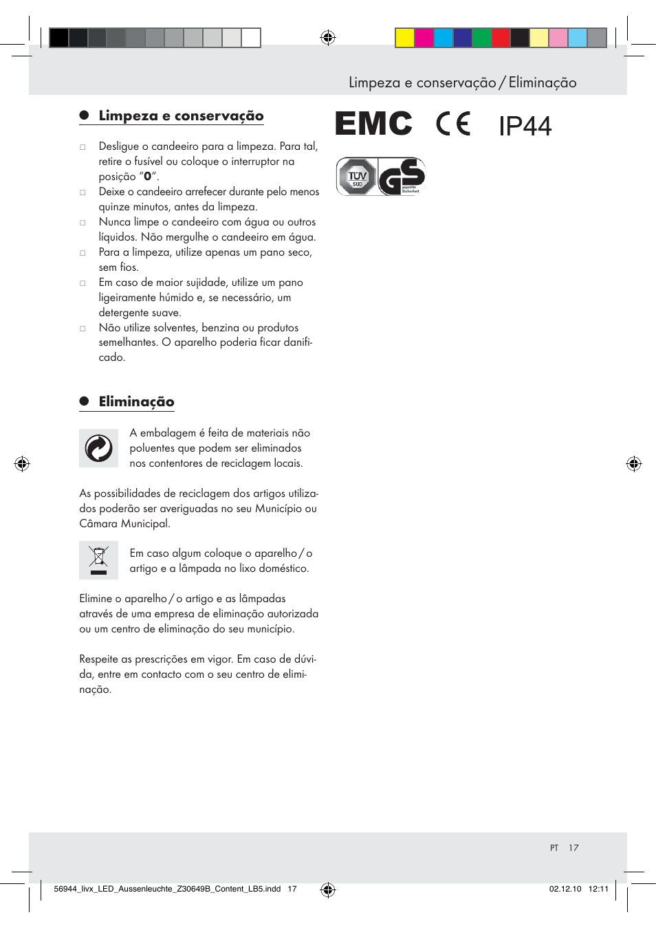 Limpeza e conservação / eliminação, Limpeza e conservação, Eliminação | Livarno Wall Light User Manual | Page 15 / 28