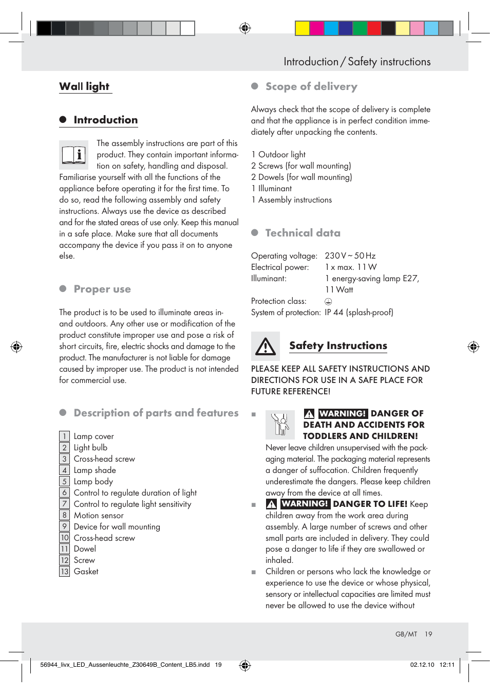 Introduction / safety instructions, Ůů light, Introduction | Proper use, Description of parts and features, Scope of delivery, Technical data, Safety instructions | Livarno Wall Light User Manual | Page 17 / 28