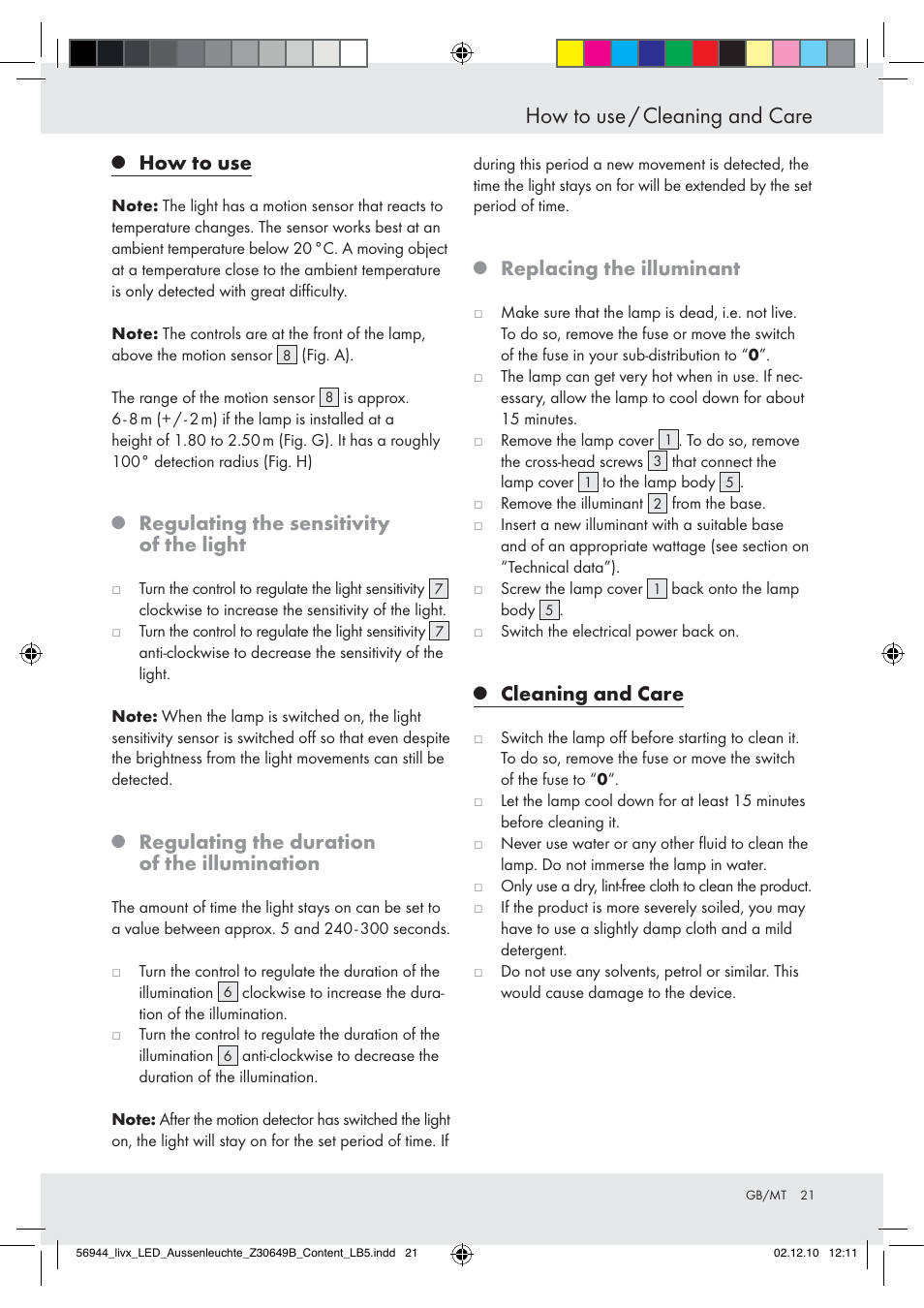 How to use / cleaning and care, How to use, Regulating the sensitivity of the light | Regulating the duration of the illumination, Replacing the illuminant, Cleaning and care | Livarno Wall Light User Manual | Page 19 / 28