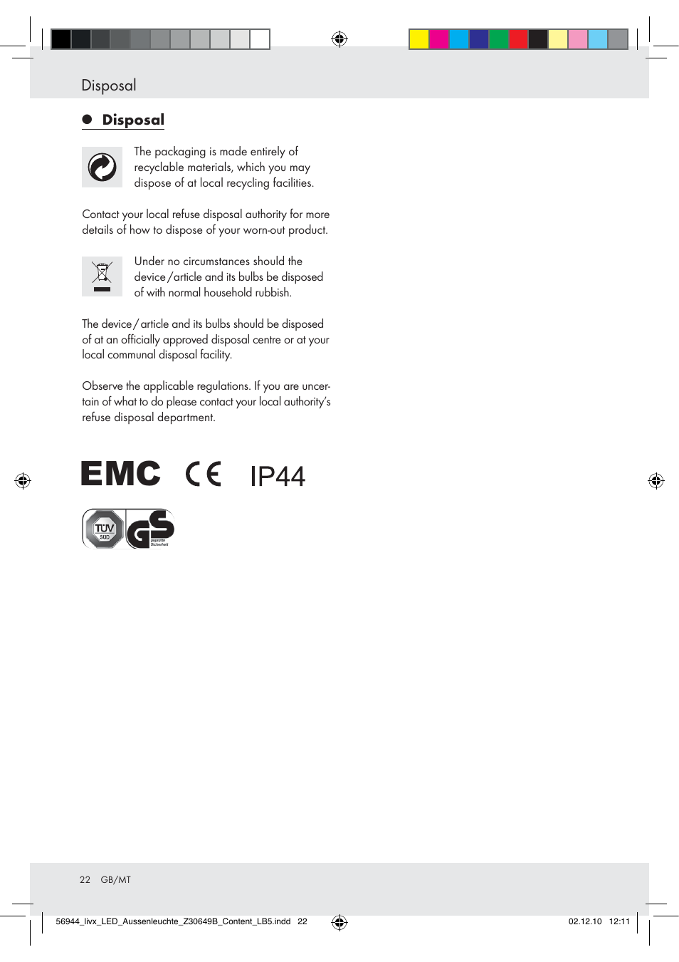 Disposal | Livarno Wall Light User Manual | Page 20 / 28