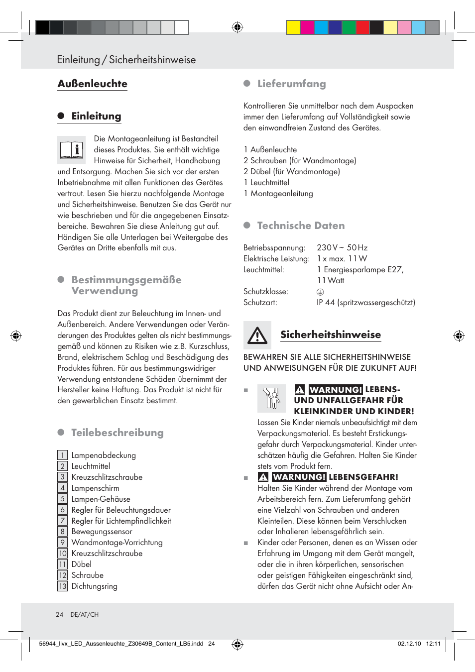 Einleitung / sicherheitshinweise, Außenleuchte, Einleitung | Bestimmungsgemäße verwendung, Teilebeschreibung, Lieferumfang, Technische daten, Sicherheitshinweise | Livarno Wall Light User Manual | Page 22 / 28