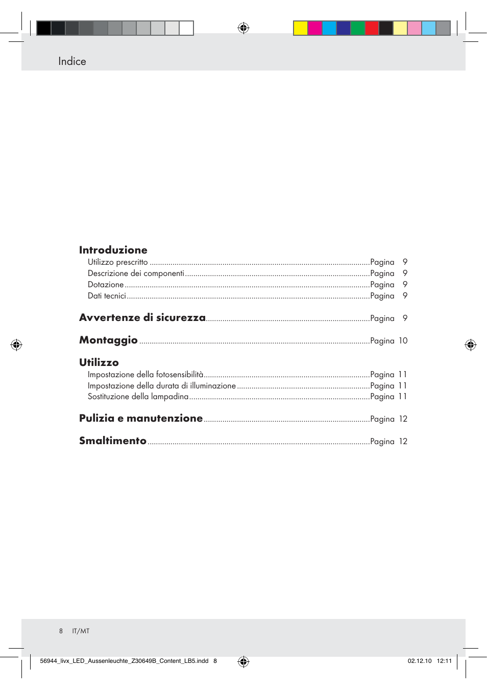 Indice | Livarno Wall Light User Manual | Page 6 / 28