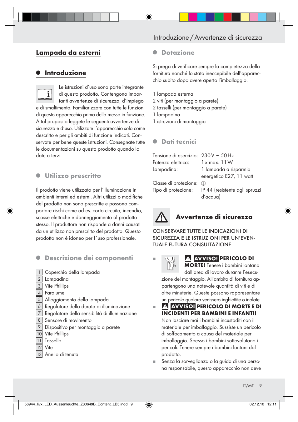 Introduzione / avvertenze di sicurezza, Lampada da esterni, Introduzione | Utilizzo prescritto, Descrizione dei componenti, Dotazione, Dati tecnici, Avvertenze di sicurezza | Livarno Wall Light User Manual | Page 7 / 28