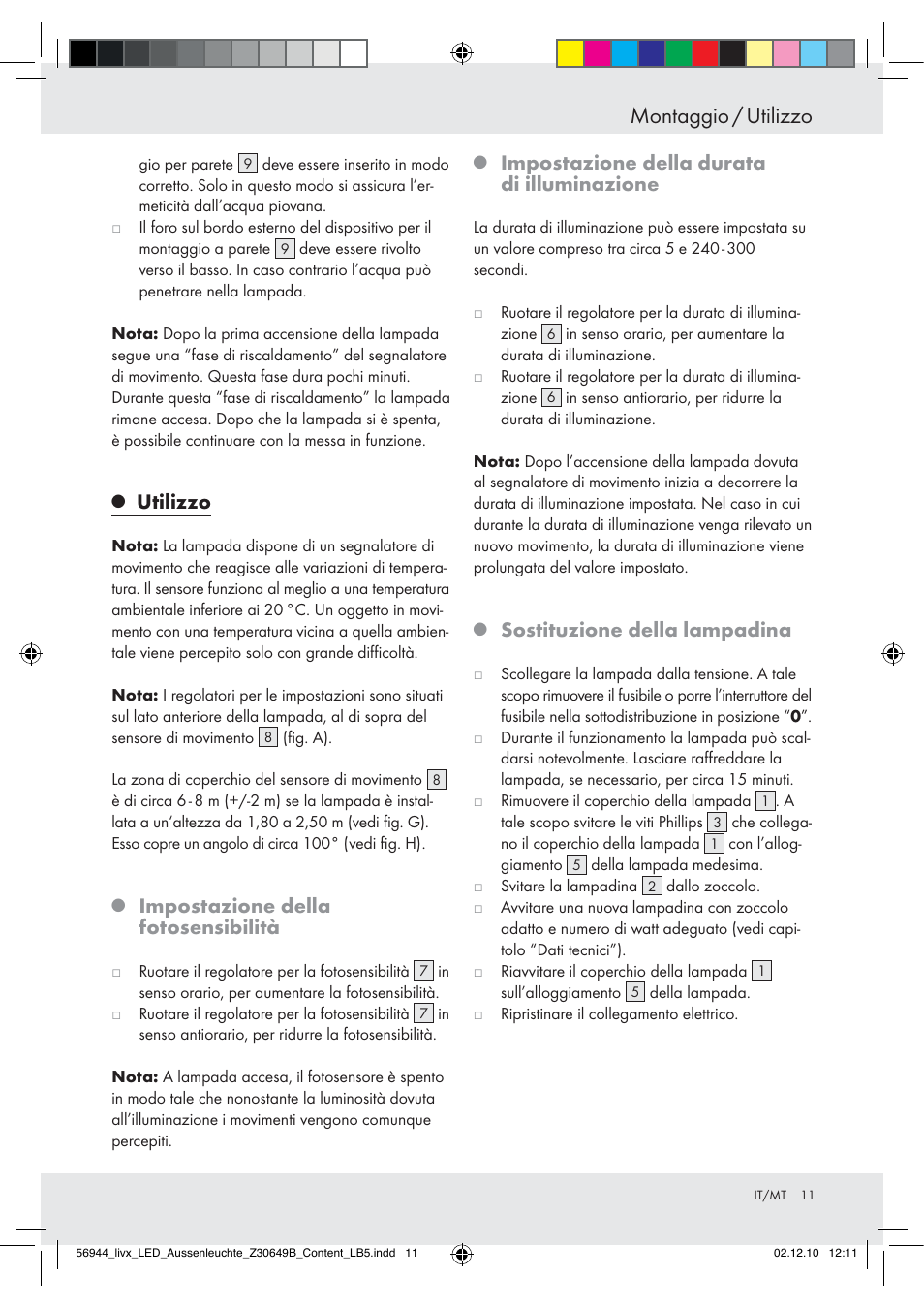 Montaggio / utilizzo, Utilizzo, Impostazione della fotosensibilità | Impostazione della durata di illuminazione, Sostituzione della lampadina | Livarno Wall Light User Manual | Page 9 / 28