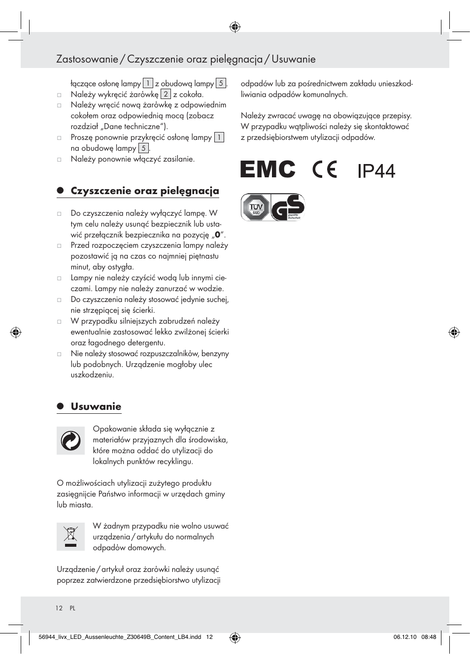 Czyszczenie oraz pielęgnacja, Usuwanie | Livarno Wall Light User Manual | Page 10 / 38