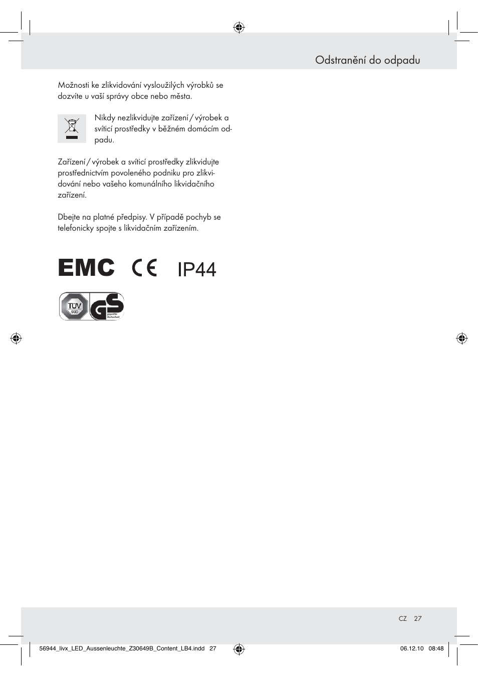 Odstranění do odpadu | Livarno Wall Light User Manual | Page 25 / 38