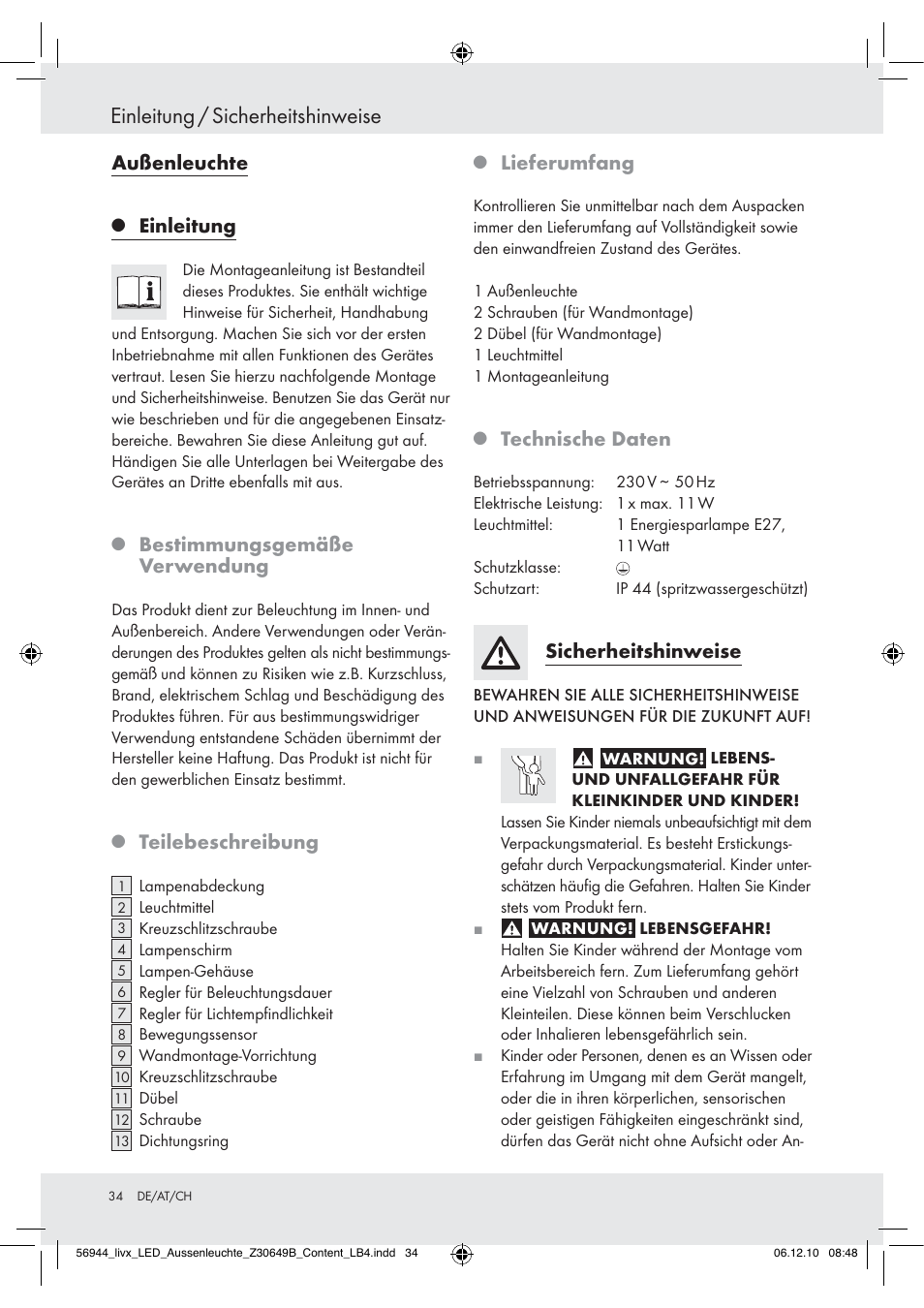 Einleitung / sicherheitshinweise, Außenleuchte, Einleitung | Bestimmungsgemäße verwendung, Teilebeschreibung, Lieferumfang, Technische daten, Sicherheitshinweise | Livarno Wall Light User Manual | Page 32 / 38